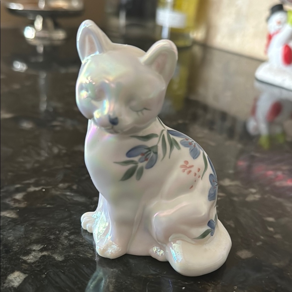 Fenton hand painted porcelain Cat Figurine with Floral Design